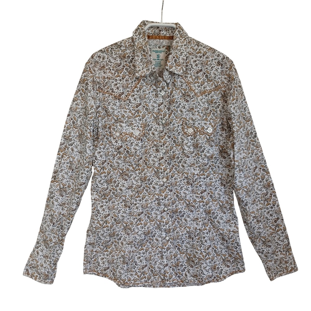 Panhandle Rough Stock Womens Small Paisley Western Snap Shirt Tan White Brown